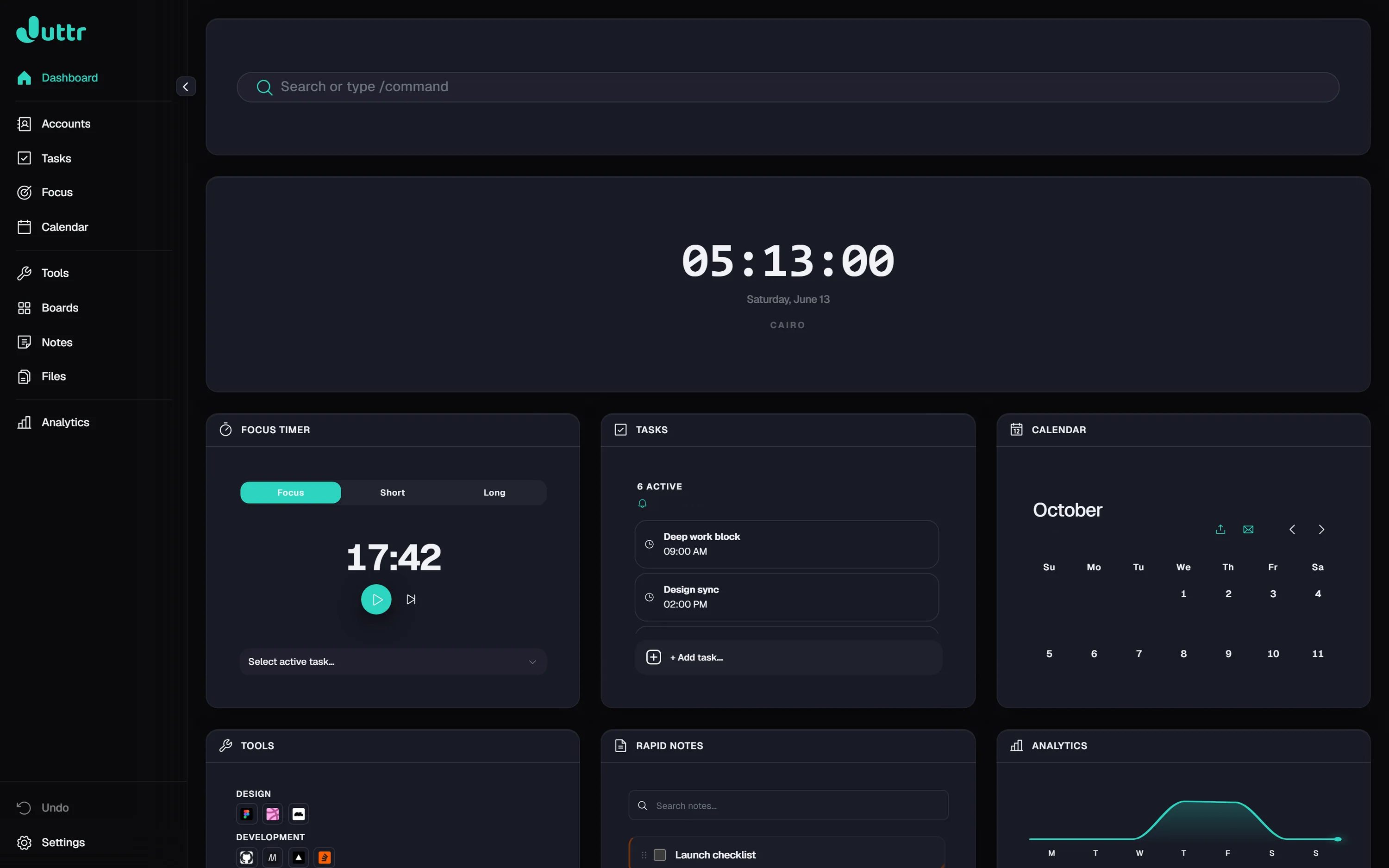 Juttr dashboard with tasks, calendar, focus timer and notes widgets